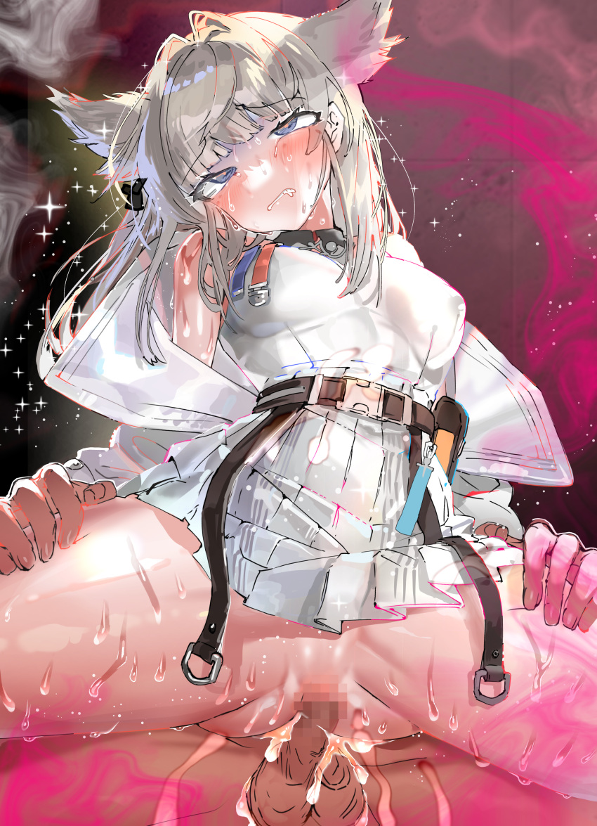 1boy absurdres animal_ears arknights arknights:_endfield ass bird_ears blue_eyes blunt_bangs breasts censored cowgirl_position drooling female grey_hair highres long_hair medium_breasts mosaic_censoring parted_lips penis perlica_(arknights) pussy reverse_cowgirl_position reverse_upright_straddle saliva sex solo_focus spread_legs straddling straight tekona0 thigh_grab turn_pale vaginal_penetration