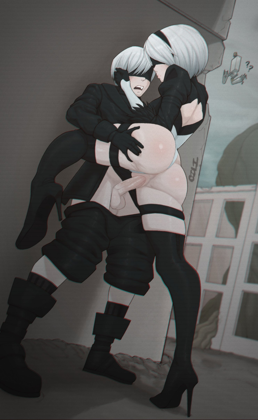 1boy 1girls ass_grab blindfold clothed_sex coli coliboly elbow_gloves fit_female gloves high_heels light-skinned_female mature_female nier nier:_automata nier_(series) older_female pale-skinned_female pale-skinned_male pale_skin plump_ass pussy sex skindentation smaller_male source_request spread_legs standing_sex taller_girl thick_thighs thigh_boots thighhighs uncensored vaginal_penetration vaginal_sex white_hair wide_hips yorha_2b yorha_9s younger_male