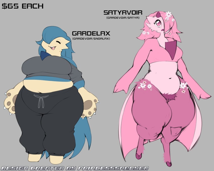 2girls belly big_breasts big_hips big_thighs breasts female flowers_in_hair gardevoir hair_over_one_eye long_hair no_humans pokémon_(species) pokemon pokemon_(species) princesssamoyed pubic_hair satyr snorlax tagme thick_thighs