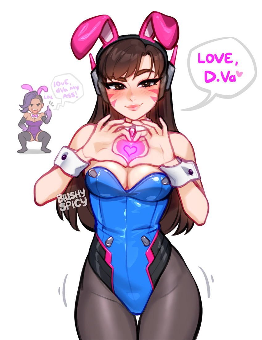 1girls background_character bangs bare_shoulders blush blushypixy blushyspicy brown_eyes brown_hair bunnysuit choker cowboy_shot d.va dialogue english_text exposed_shoulders eyebrows_visible_through_hair facial_markings hand_heart headgear heart_gesture light-skinned_female medium_breasts motion_lines overwatch overwatch_2 shirt_collar shirt_cuffs sleeve_cuffs smug solo_focus sombra spoken_heart tight_clothing white_background