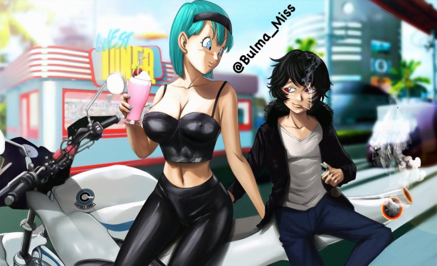 ass_grab big_breasts black_hair blue_eyes blush bulma_briefs bulma_briefs_(frieza_saga) commission dragon_ball dragon_ball_super dragon_ball_z glowing_sora headband imminent_sex imp latex latex_clothing novasayajingoku pale-skinned_female pale-skinned_male pale_skin red_eyes size_difference skin_tight smoking suggestive_look teal_hair thick_thighs