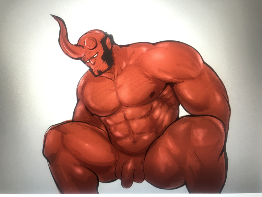 balls bara black_hair broken_horn dark_horse demon facial_hair flaccid hellboy hellboy_(series) horns male male_only muscles muscular nude penis red_body red_skin solo solo_male spread_legs tail ylnzei