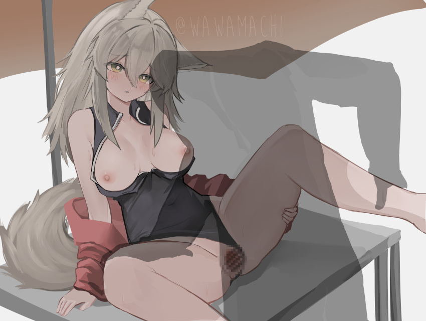 1boy absurdres animal_ears arknights bare_legs bare_shoulders black_one-piece_swimsuit blush breasts breasts_out casual_one-piece_swimsuit censored clothing_aside female grey_hair head_tilt highres jacket large_breasts long_hair long_sleeves looking_at_viewer mosaic_censoring nipples official_alternate_costume on_table one-piece_swimsuit open_clothes open_jacket projekt_red_(arknights) projekt_red_(light_breeze)_(arknights) pussy red_jacket sex sitting solo_focus spread_legs straight swimsuit swimsuit_aside table tail vaginal_penetration wawamachi wawamachi_(wawamachis) wolf_ears wolf_girl wolf_tail x-ray yellow_eyes