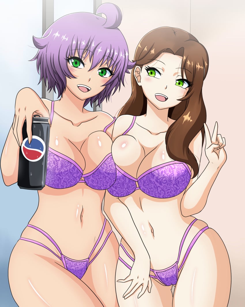 2girls big_breasts bra breasts brown_hair busty can child_bearing_hips cleavage female female_only green_eyes large_breasts long_hair looking_at_viewer multiple_girls navel open_mouth original pepsi purple_bra purple_hair short_hair smile soda_can thighs thong underwear v voluptuous yukino_akaihi yukino_memories