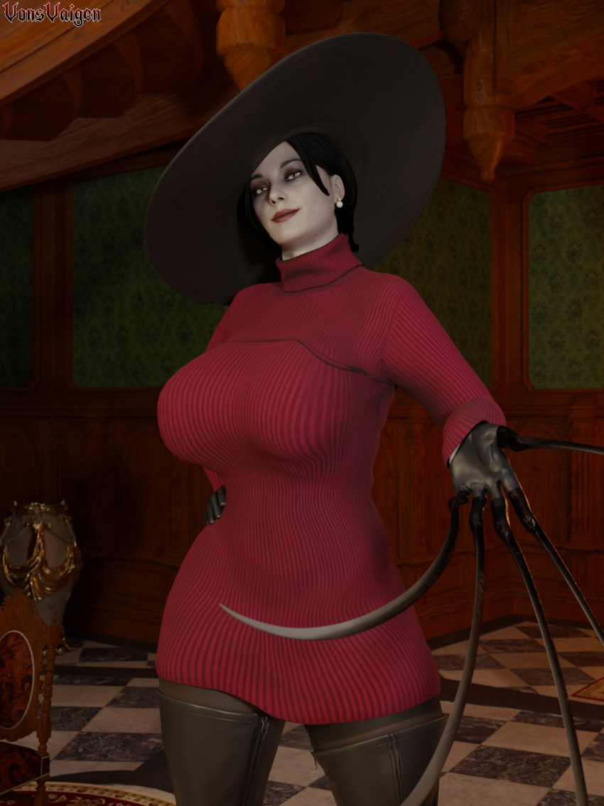 1girls 3d ada_wong ada_wong_(adriana) ada_wong_(cosplay) alcina_dimitrescu ass big_breasts blender brown_hair capcom claws cosplay dat_ass dress female female_only fit fit_female fully_clothed fully_dressed hat looking_at_viewer mature_female milf pale-skinned_female pale_skin resident_evil resident_evil_4 resident_evil_4_remake resident_evil_8:_village solo sweater sweater_dress thick_thighs thigh_boots thighhigh_boots thighhighs vampire vonsvaigen yellow_eyes