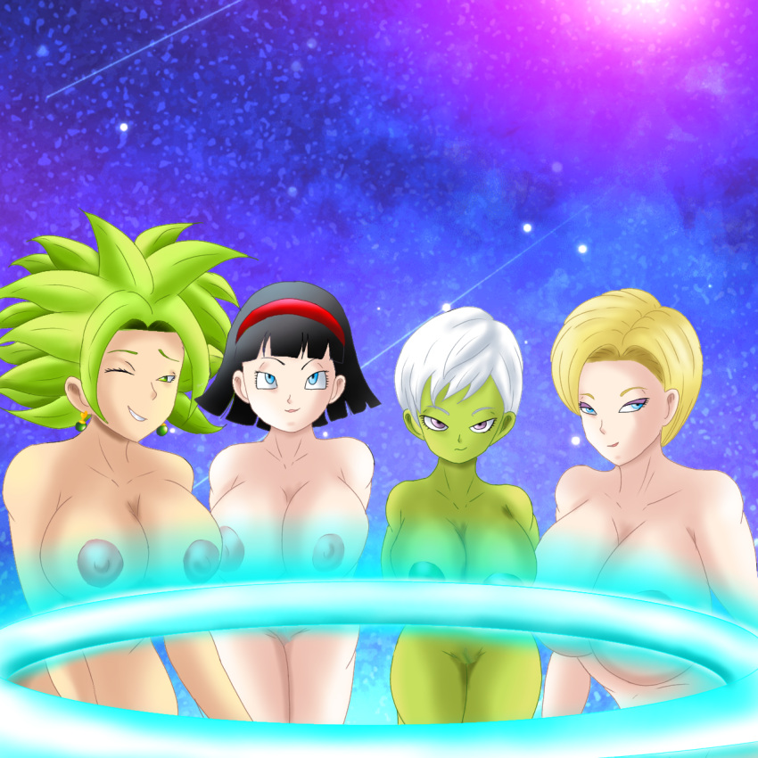 4girls android_18 artist_request big_breasts cheelai dragon_ball dragon_ball_super dragon_ball_z female female_only green_skin kefla large_ass large_breasts legendary_super_saiyan multiple_girls naked nude_female pussy saiyan super_saiyan super_saiyan_2 universe_6/universe_7 videl videl_(dragon_ball_super)