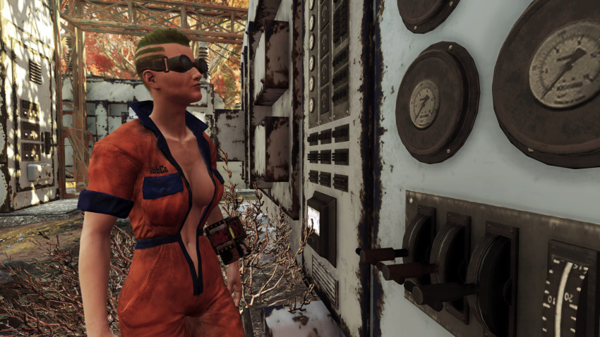 3d big_breasts electronics fallout fallout_76 female female_only green_hair green_lipstick makeup odio_(original_character) original_character pip-boy screenshot suit welding_goggles