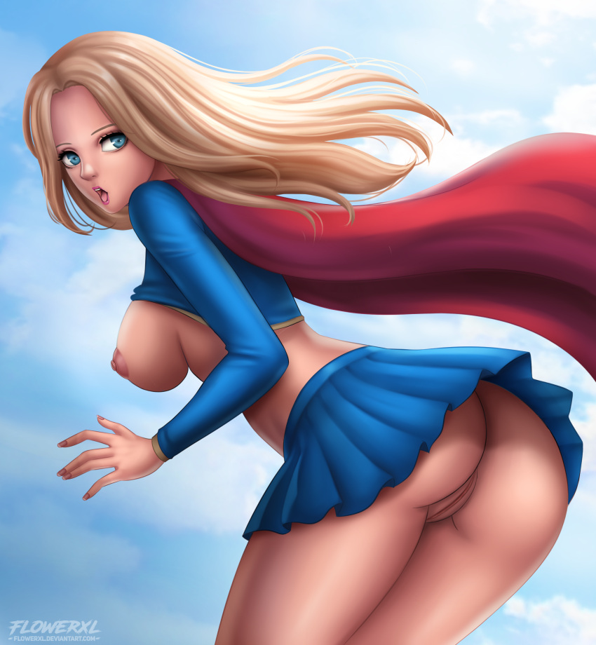 1girls artist_logo ass big_breasts blonde_hair blue_eyes blue_skirt breasts cape costume curvy_body curvy_female curvy_figure daytime dc deviantart_username erect_nipples female female_only flowerxl heroine in_sky kara_danvers kara_zor-el kryptonian large_ass light-skinned_female light_skin logo long_hair medium_breasts nipples nude panties_showing pink_lipstick pussy red_cape scared scared_expression shirt_up side_view skirt sky sleeves solo straight_hair supergirl superheroine superman_(series) thick_thighs vagina