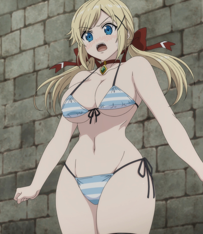 1girls 2023 big_breasts bikini black_thighhighs blonde_hair blue_bikini blush breasts busty child_bearing_hips choker cleavage collarbone curvy female female_only front-tie_bikini_top front-tie_top groin hair_ribbon highres large_breasts lidenfilms navel official_art open_mouth red_ribbon ribbon screencap side-tie_bikini_bottom stitched stomach striped striped_bikini swimsuit thick_thighs thighhighs thighs third-party_edit twintails two-tone_bikini underboob voluptuous white_bikini wide_hips yuna_yunis yuusha_ga_shinda!