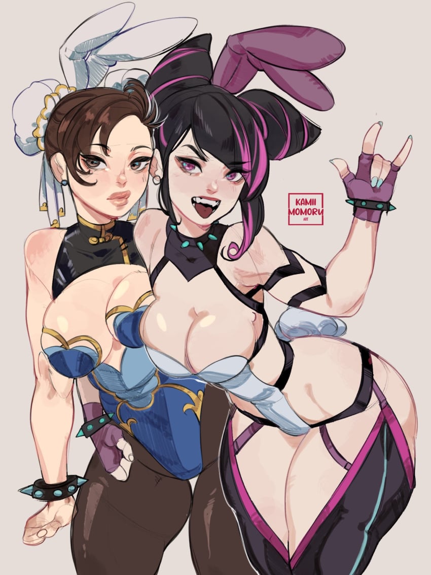 2023 2girls \m/ bent_over black_hair breasts brown_eyes brown_hair bunny_ears bunny_tail bunnysuit capcom chun-li cleavage collar female female_only grey_background hair_buns hair_horns hi_res highlights_(coloring) juri_han kamii_momoru looking_at_viewer multiple_girls open_mouth pantyhose pink_eyes pink_highlights side_hug simple_background spiked_bracelet spiked_collar street_fighter street_fighter_6 thick_thighs tongue_out