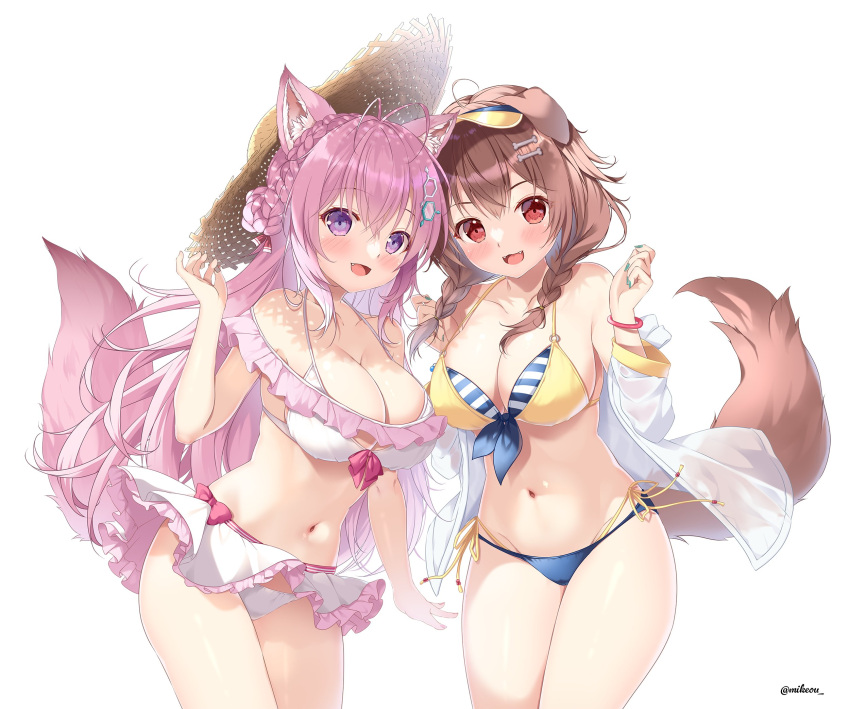 2girls :d animal_ears antenna_hair bikini bikini_skirt blue_bikini blush bone_hair_ornament braid breasts brown_hair cleavage collarbone commentary_request crossed_bangs dog_ears dog_girl dog_tail fangs french_braid hair_between_eyes hair_ornament hakui_koyori hexagon_hair_ornament highres hololive hololive_gamers hololive_japan holox inugami_korone large_breasts layered_bikini long_hair mikeou mismatched_bikini multiple_girls nail_polish navel open_mouth pink_hair purple_eyes red_eyes side-tie_bikini_bottom simple_background smile standing striped striped_bikini swimsuit tail twin_braids twitter_username virtual_youtuber white_background white_bikini wolf_ears wolf_girl wolf_tail yellow_bikini