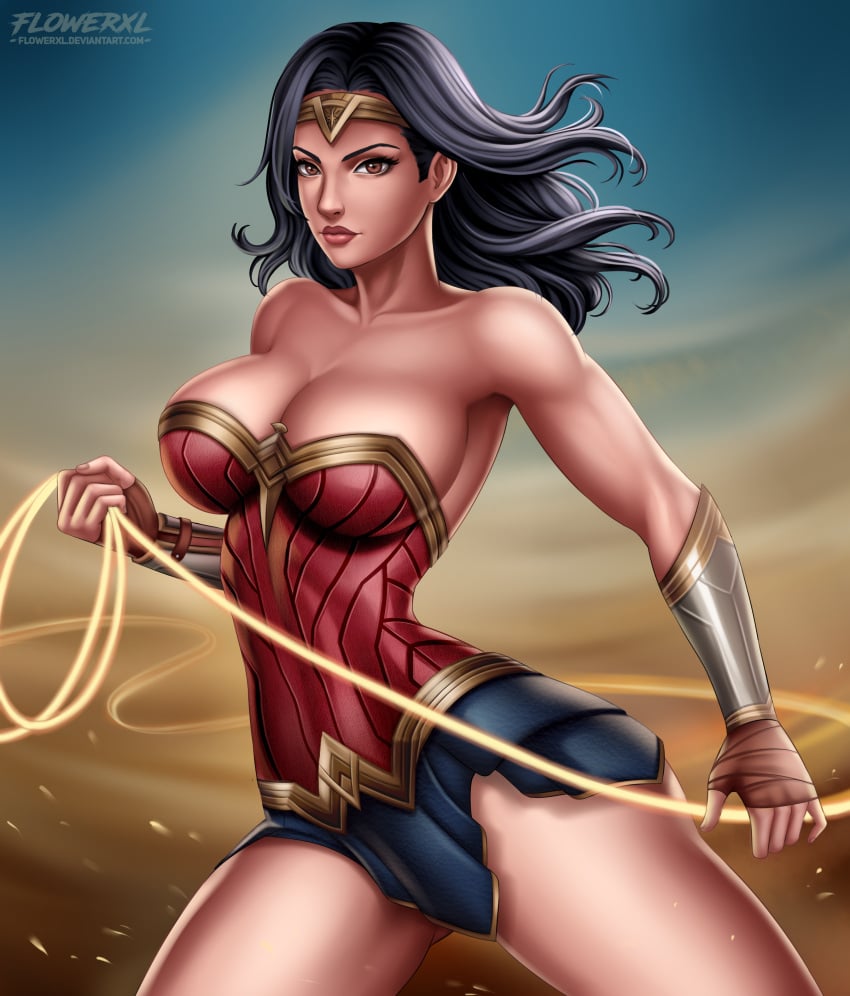 1girls abstract_background actress arm_bracelet arm_bracelets artist_signature big_breasts black_hair blue_miniskirt blue_skirt bracelet breasts brown_eyes brown_lips brown_lipstick corset daytime dc_comics dc_extended_universe dceu diana_prince evening female female_only fit fit_female flowerxl fully_clothed gal_gadot hair_in_wind hand_on_weapon handband heroine lasso_of_truth long_hair looking_at_viewer medium_skirt medium_thighs miniskirt pinup red_leotard side_view solo tagme thighs tiara toned_female tongue walking weapon wonder_woman wonder_woman_(series)