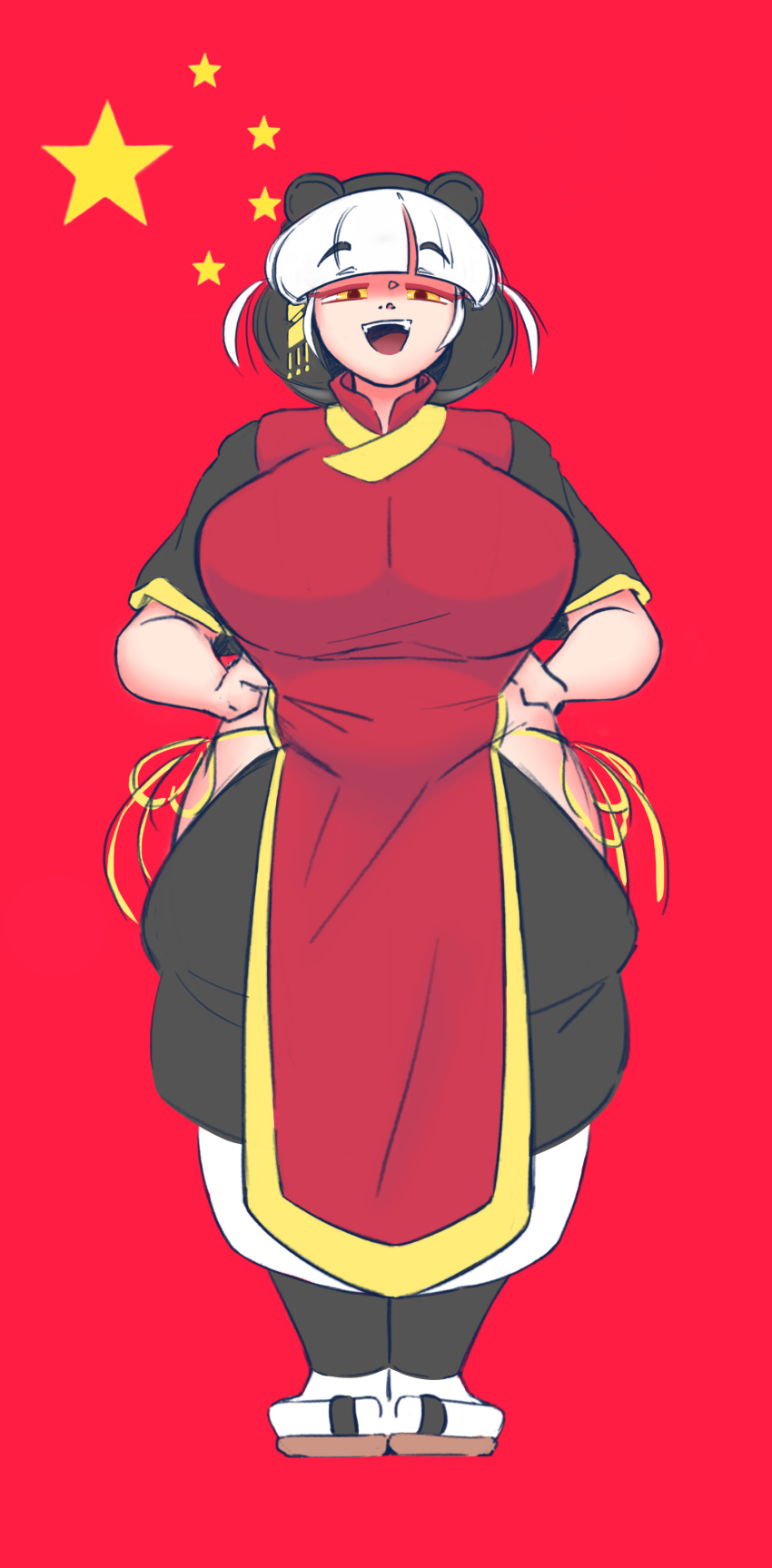 1girls bear_ears bear_girl big_breasts breasts chinese chinese_clothes chinese_dress chinese_girl demi_human hands_on_hips justanordinarylynx looking_at_viewer original original_character panda_ears panda_girl salt_and_pepper_hair thick thick_thighs yellow_eyes