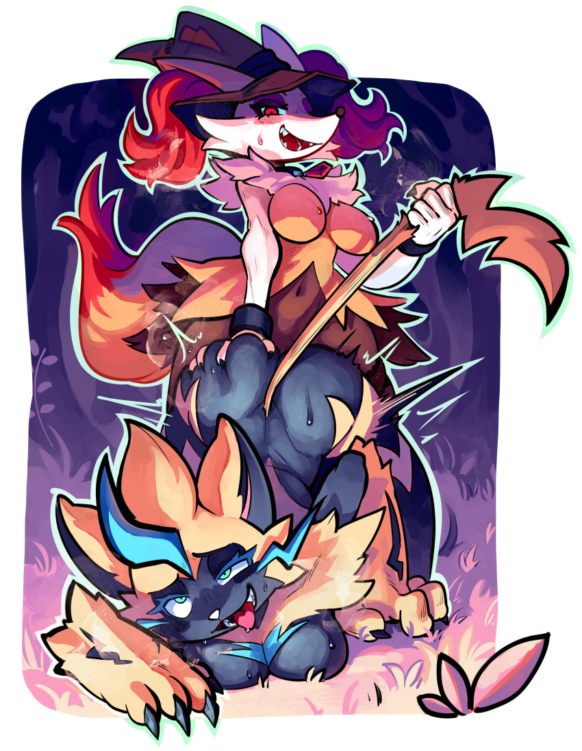 2girls ahe_gao anthro big_breasts braixen breasts butt_grab doggy_style furry futa_on_female futanari implied_futanari mogy64 on_all_fours pokemon pokemon_(species) standing tail_grab witch_hat zeraora