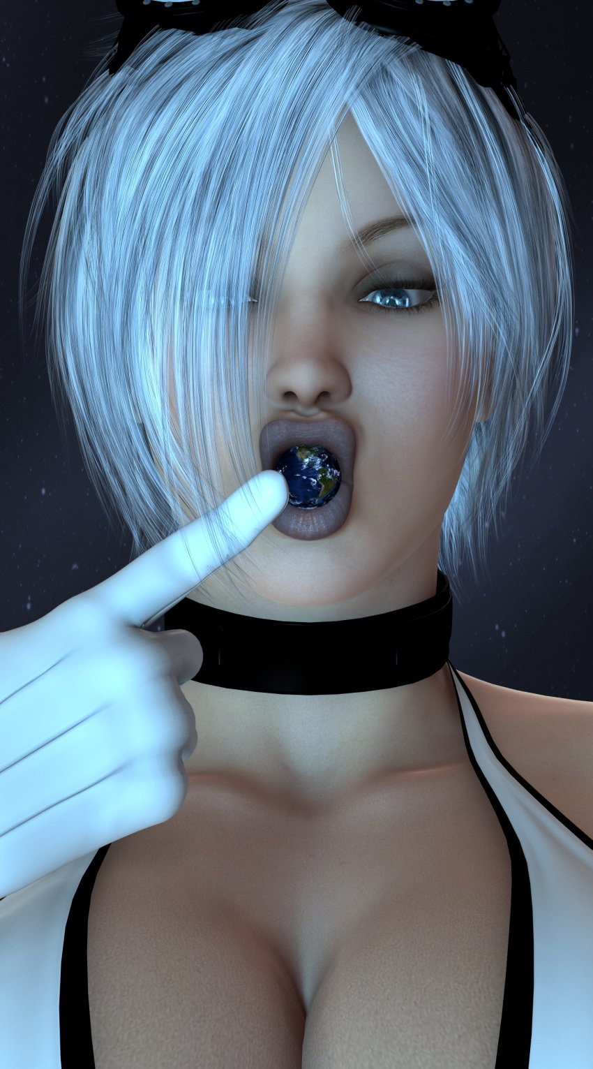 1girls 3d 3d_(artwork) big_breasts black_collar boomgts breasts collar daz3d earth giantess giantess_vore giga_giantess gloves light-skinned_female light_skin looking_at_viewer original original_character planet swallowed_whole swallowing vore