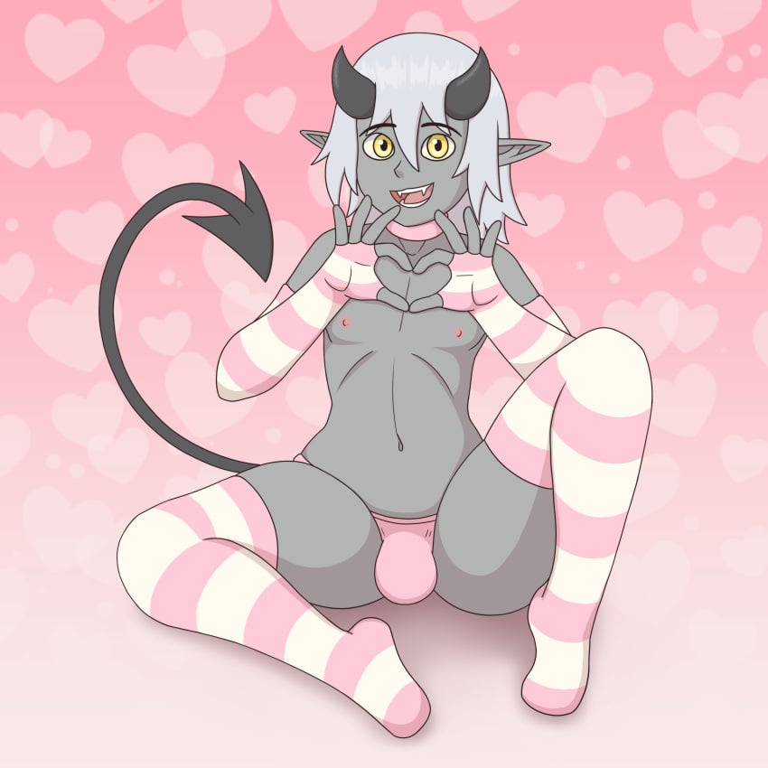 1boy balls ballsack bedroom_eyes blush bulge cute demon demon_ears demon_horns demon_tail femboy femboy_only flaccid flaccid_penis gloves grey_skin heart imp laugh laughing legs_up looking_at_viewer male_focus male_only pointy_ears sissy small_penis smile smiling smiling_at_viewer solo solo_focus spread_legs testicles thick_thighs thigh_highs thighhighs thighs trap twink valentine's_day van_(vanilireph) vanilireph white_hair yellow_eyes