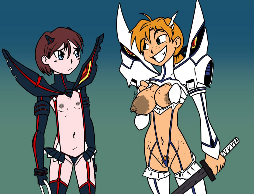 2girls big_breasts birch_small cosplay duo female female_only flat_chest freckles junketsu junketsu_(cosplay) kill_la_kill kiryuuin_satsuki_(cosplay) matoi_ryuuko_(cosplay) multiple_girls my_life_me nipples pubes pubic_hair randomcartoon2 sandra_le_blanc senketsu senketsu_(cosplay) short_hair skimpy skimpy_clothes small_breasts tagme terrible_the_drawfag