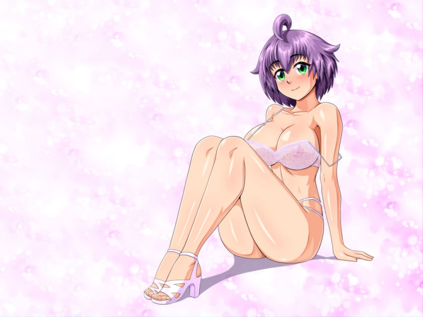 1girls arm_support big_breasts blush bra breasts busty cleavage feet female female_only green_eyes heels highres large_breasts legs nipples original purple_hair see-through short_hair sitting smile solo thick_thighs thighs underwear voluptuous white_bra yukino_akaihi yukino_memories