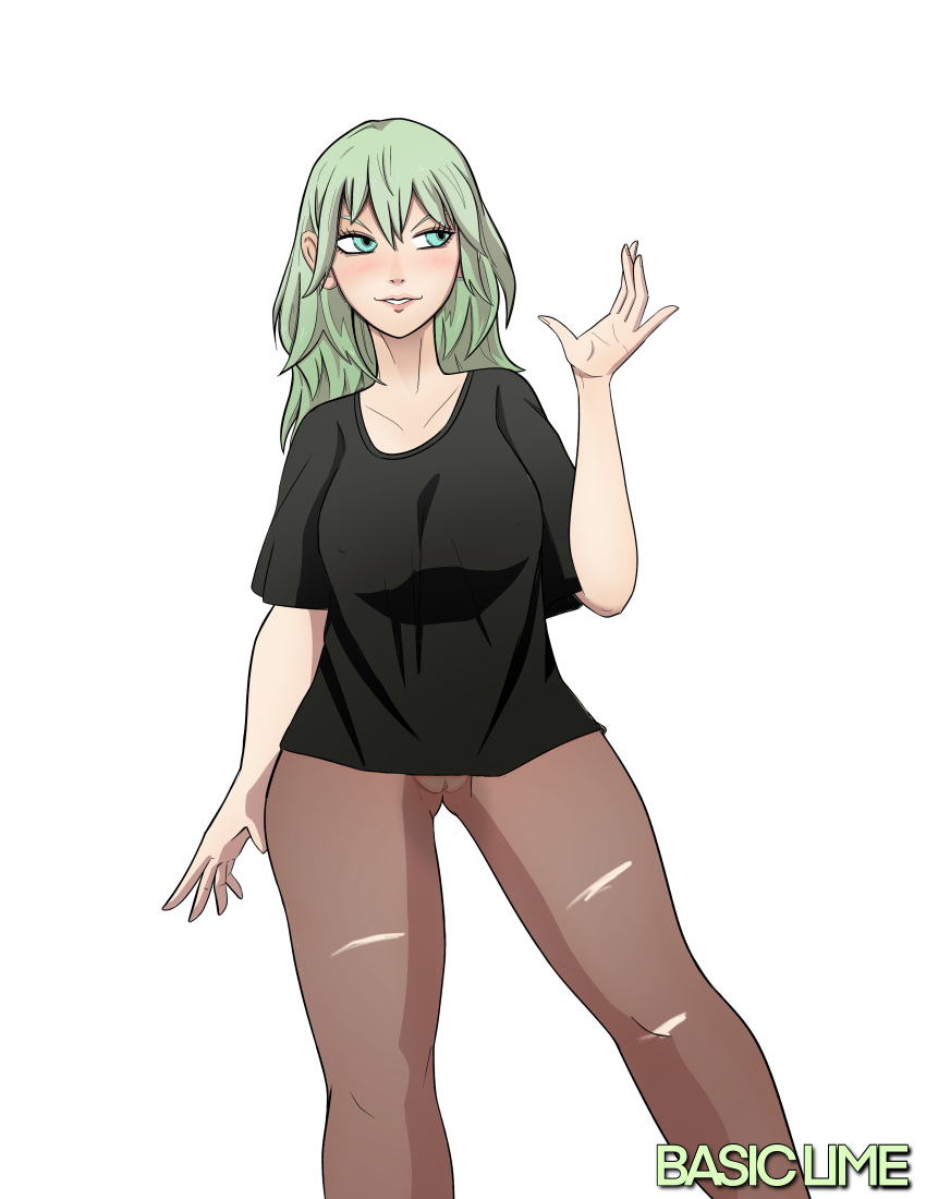 >:) 1girls alternate_version_available ass_visible_through_thighs basic_lime breasts byleth_(fire_emblem) byleth_(fire_emblem)_(female) female female_only fire_emblem fire_emblem:_three_houses green_eyes green_hair grin hair_between_eyes legs medium_breasts medium_hair nintendo pantyhose partially_visible_vulva pussy see-through shirt smile solo standing torn_clothes upper_body white_background