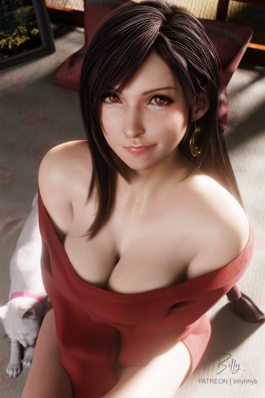 1girls 3d artist_name billyhhyb black_hair breasts cat cleavage clothing collarbone earrings female female_only final_fantasy final_fantasy_vii half_smile highres human human_only humanoid kneeling light-skinned_female light_skin looking_at_viewer pale-skinned_female pale_skin red_eyes sfw shoulders smile smiling solo sweater thick_thighs thighs tifa_lockhart watermark