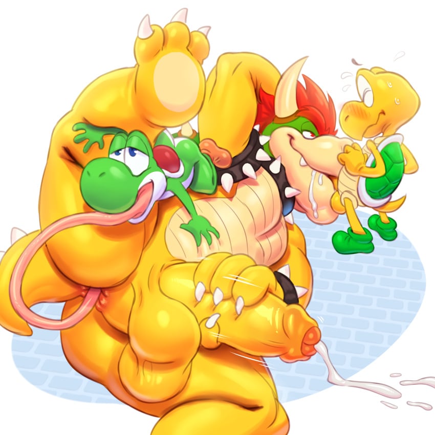 3boys balls bowser cum ejaculation gay genital_fluids genitals gerkk hi_res koopa male_only mario_(series) non-human oral rimming semen size_difference tagme testicles trio uncensored yaoi yoshi