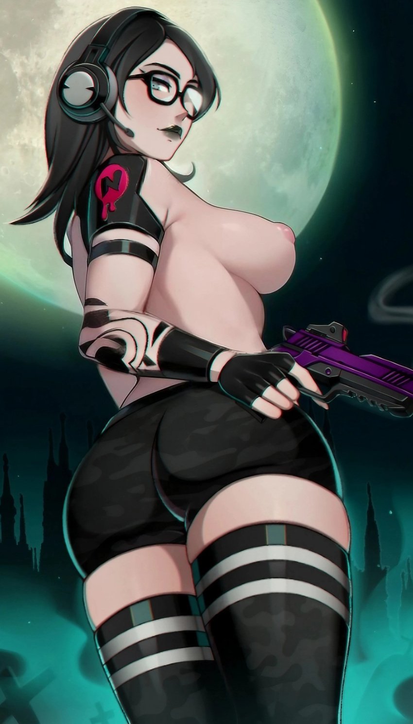 1girls ass_focus big_ass big_breasts black_hair black_lipstick blue_eyes booty breasts camouflage_pants dark fortnite glasses graveyard gun headphones holding_gun jawbreaker_(fortnite) leggings looking_at_viewer moon night nipple puffy_nipples shorts shoulder_pads sideboob storycatt stripes tattoo topless