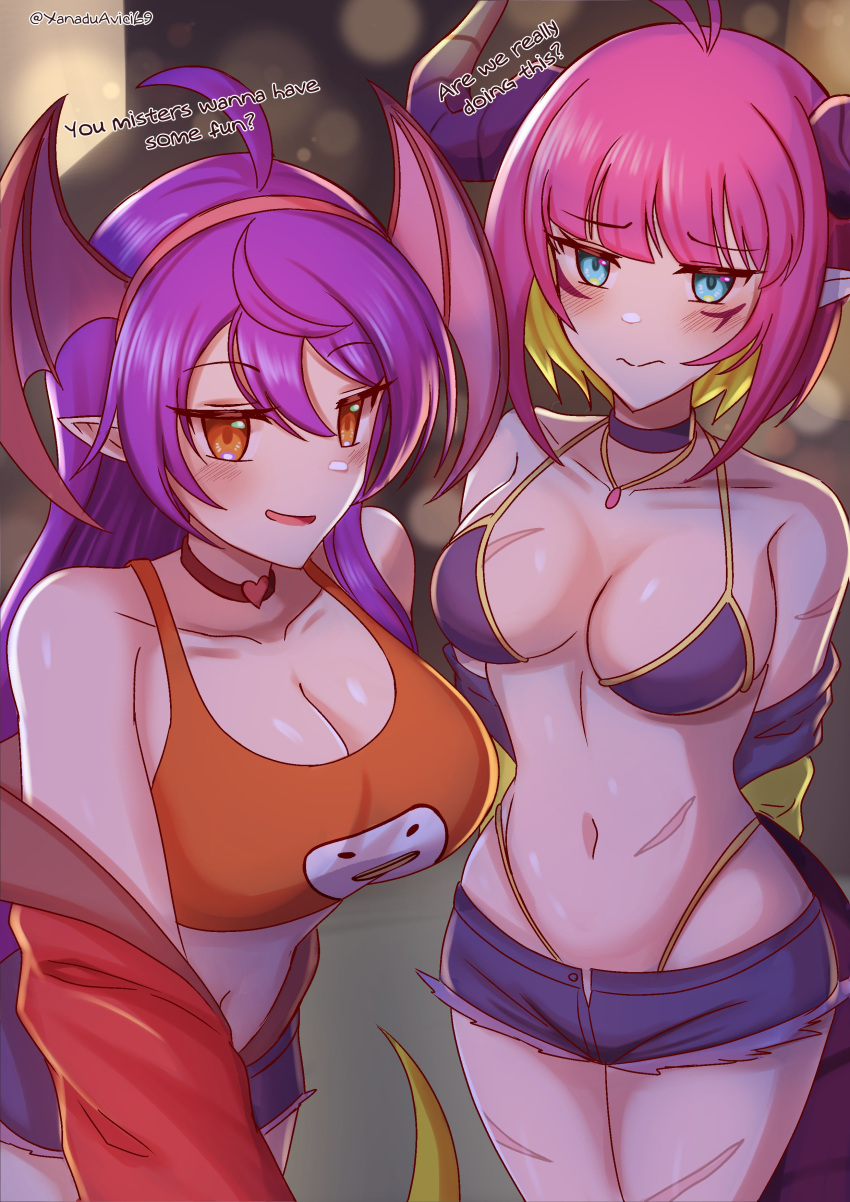 2girls ahoge bare_midriff bare_shoulders bat_wings belly_button big_breasts blue_eyes blush cleavage collar duo duo_female duo_focus english_text exposed_shoulders exposed_torso female female_only hair_wings head_wings headband hi_res highres horns large_breasts long_hair medium_breasts midriff misha_(xanadu_avici) navel oc orange_eyes original_character original_characters pink_hair pointy_ears purple_hair raea_(bonkable_katt) reptilian_tail short_hair short_shorts sleeveless speech succubus tail talking_to_viewer text two_tone_hair xanadu_avici xanaduavici yellow_hair