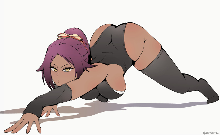 1girls 2022 absurd_res all_fours armwear black_legwear bleach breast_squish dark-skinned_female dark_skin female female_only legwear leotard long_hair looking_at_viewer ponytail purple_hair roverpng shihouin_yoruichi sideboob solo thick_thighs thigh_squish white_background yellow_eyes