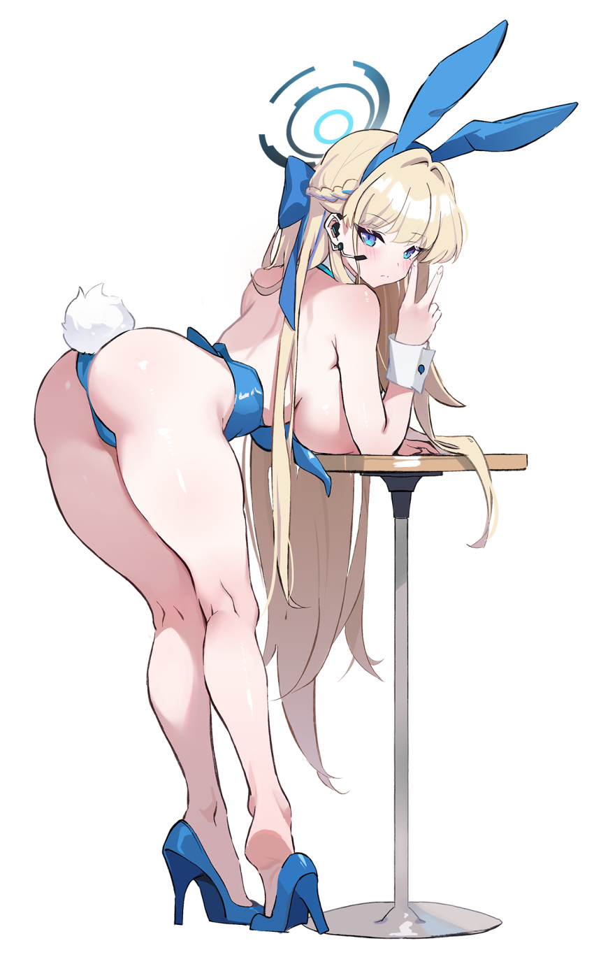 1girls ass ass_focus bending_over blonde_hair blue_archive blue_eyes blue_leotard breasts bubble_butt bunny_ears bunny_girl bunnysuit cleaning_&_clearing_(blue_archive) female halo heels highleg_leotard leotard long_hair long_legs medium_breasts millennium_science_school_student peace_sign thighs toki_(blue_archive) toki_(bunny)_(blue_archive) tunoko98