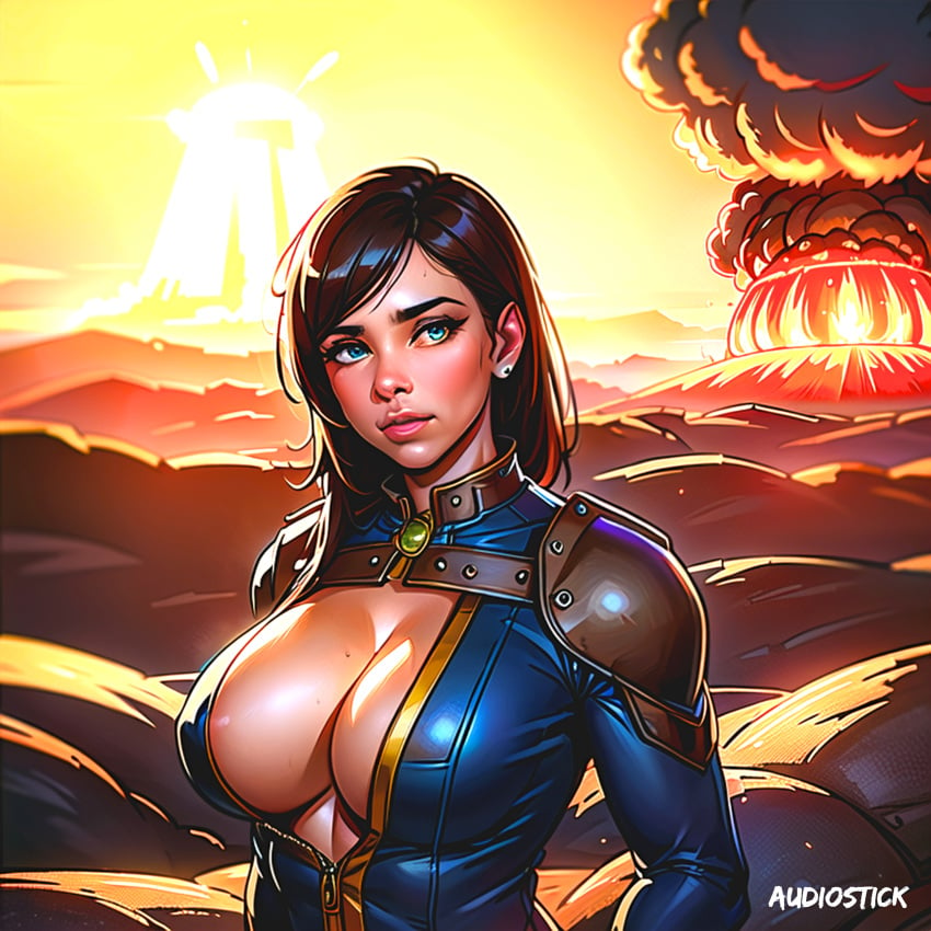 1girls 2023 ai_generated audiostick bethesda_softworks black_hair blue_eyes blush bodysuit breasts cleavage colorful explosion fallout fallout_(series) fallout_3 fallout_4 fire hi_res high_resolution highres large_breasts nuclear nuke shoulder_pads stable_diffusion unzipped unzipped_bodysuit vault_girl vault_suit war watermark