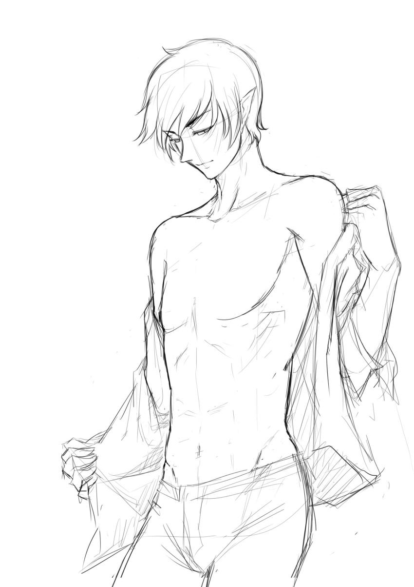 1boy 2014 adventure_time anime_style belly belly_button breasts cartoon_network fangcovenly looking_at_another marshall_lee muscles pants portrait rough_sketch short_hair solo solo_focus solo_male standing taking_clothes_off vampire white_background