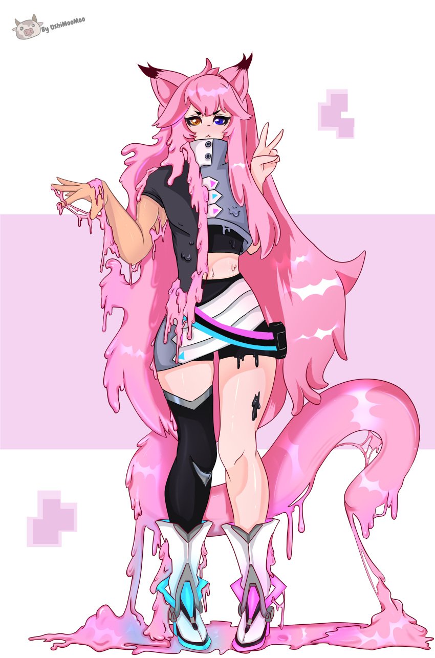 ai.mi angry_face assimilation cute cute_face fanart female gender_transformation girl monster_girl neko nekomimi omega_strikers pink_background pink_hair slime transformation ushimoomoo white_background