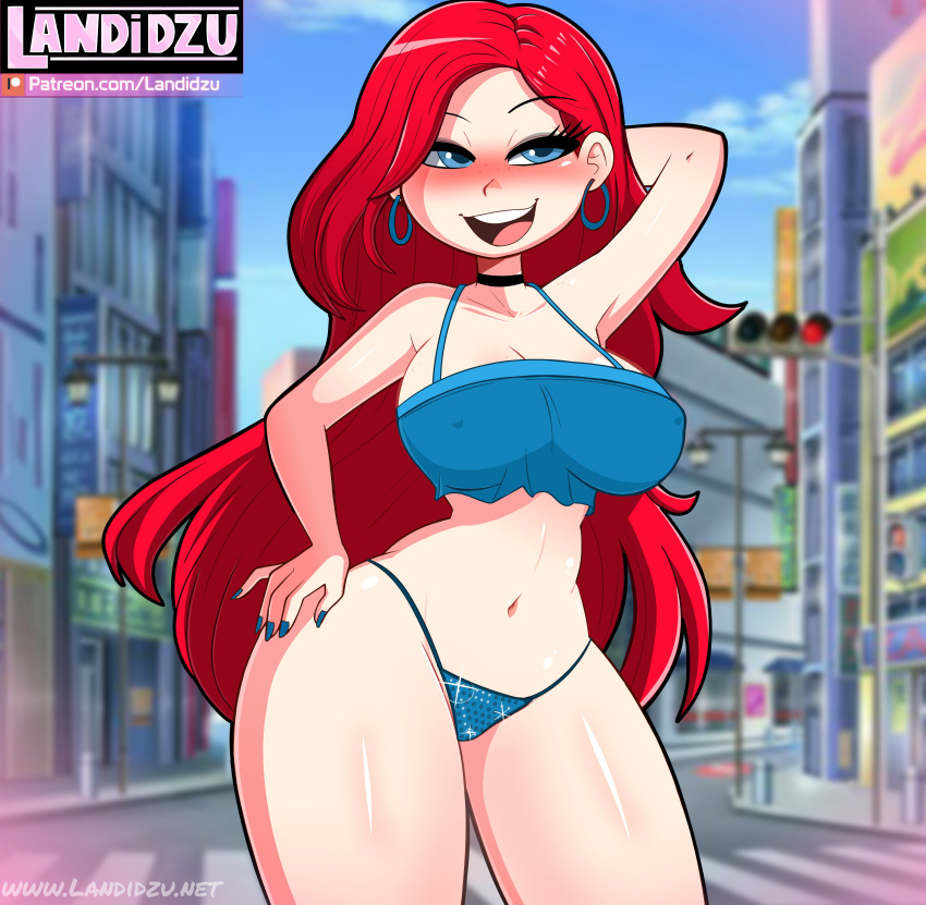 1girls bathing_suit big_breasts black_choker blue_earrings blue_eyes blue_nails blurry blurry_background blush breasts chelsea_(ruby_gillman) chocker cleavage earrings edit edited female female_focus female_only half-closed_eyes hand_behind_head hand_on_hip hoop_earrings hourglass_figure human human_only landidzu light-skinned_female light_skin nail_polish nearly_nude nipples_visible_through_clothing open_mouth parody patreon patreon_username red_hair ruby_gillman,_teenage_kraken small_panties small_underwear standing sultry_eyes thick_thighs thighs voluptuous voluptuous_female watermark website_logo wide_hips