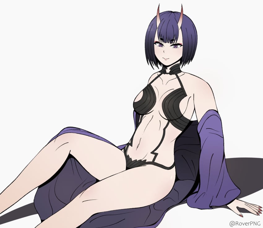 1girls 2022 fate/grand_order fate_(series) female female_only hi_res horns looking_at_viewer medium_hair oni oni_horns purple_eyes purple_hair roverpng shuten_douji_(fate) sitting skimpy skimpy_clothes smiling smiling_at_viewer solo white_background