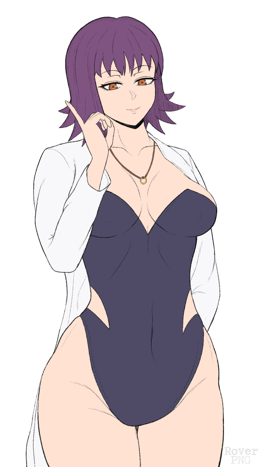 1girls 2023 coat female female_only hi_res lab_coat looking_at_viewer necklace nintendo orange_eyes philena_ivy pokemon pokemon_(anime) purple_hair roverpng solo swimsuit white_background