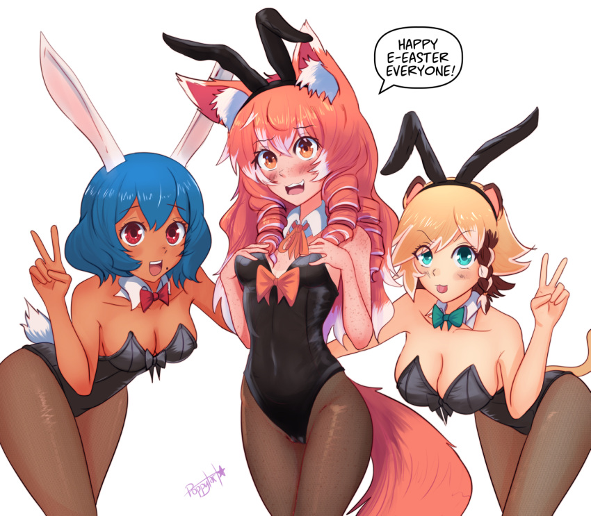 3girls animal_ears blue_eyes blue_hair brown_eyes brown_hair bunny_ears bunny_girl bunny_tail bunnysuit drill_hair easter embarrassed english_text female female_only fox_ears fox_girl fox_tail kemonomimi original original_character pantyhose petite plain_background poppytart red_eyes red_hair small_breasts tira_(poppytart) v_sign