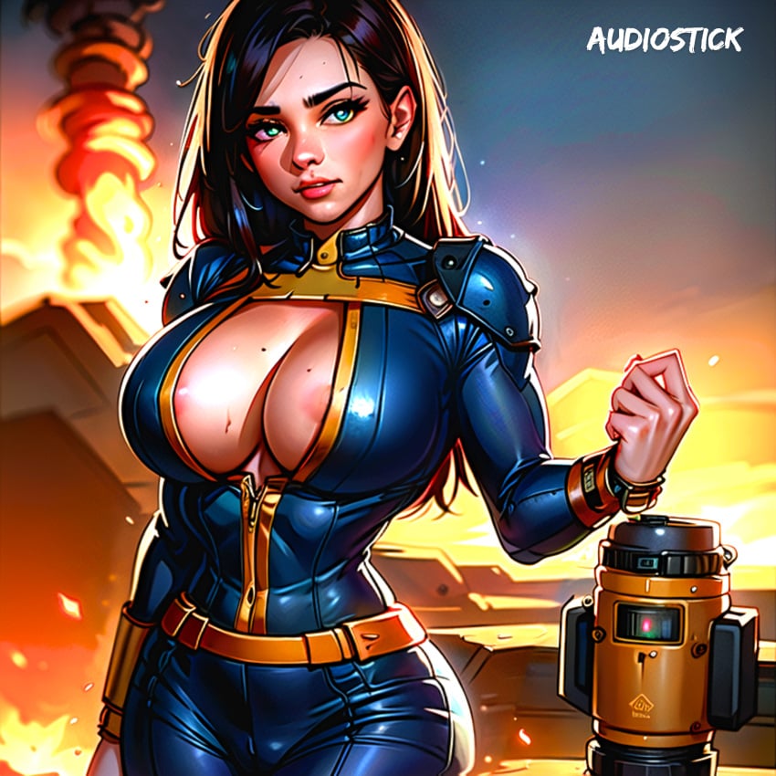 ai_generated audiostick bethesda_softworks black_hair blue_eyes bodysuit breasts cleavage colorful explosion fallout fallout_(series) fallout_3 fallout_4 fire green_eyes hi_res high_resolution highres large_breasts looking_at_viewer nip_slip nipples nipslip nuclear nuke shoulder_pads stable_diffusion vault_girl vault_suit war watermark wide_hips zipper