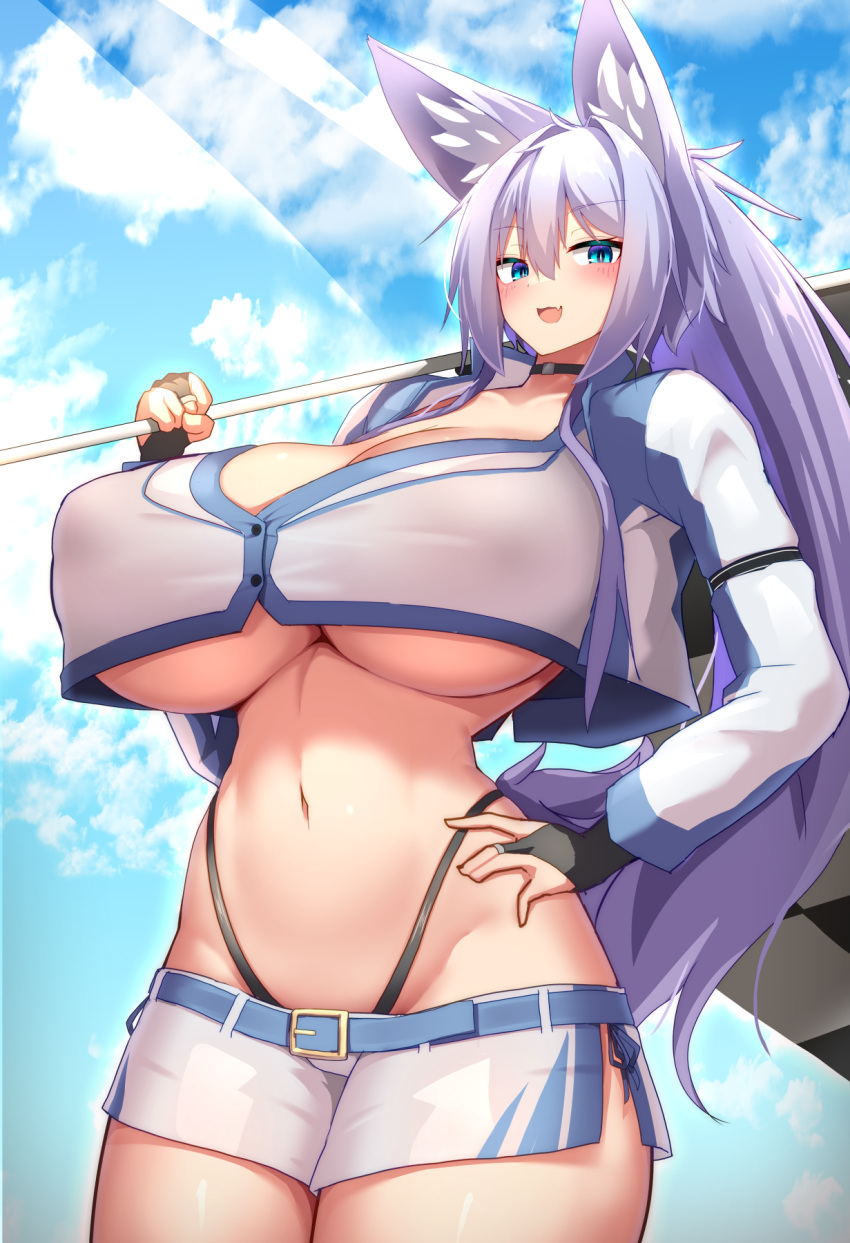 1girls animal_ears belt blue_eyes blue_sky blush breasts bridal_gauntlets checkered_flag choker cropped_jacket cute_fang female flag fox_ears fox_girl hair_between_eyes hand_on_hip highleg highleg_panties highres huge_breasts impossible_clothes indigo_(tylwing) jacket long_hair looking_at_viewer micro_shorts navel original outdoors panties ponytail race_queen shorts side_slit side_slit_shorts skin_fang smile solo tylwing underboob underwear very_long_hair