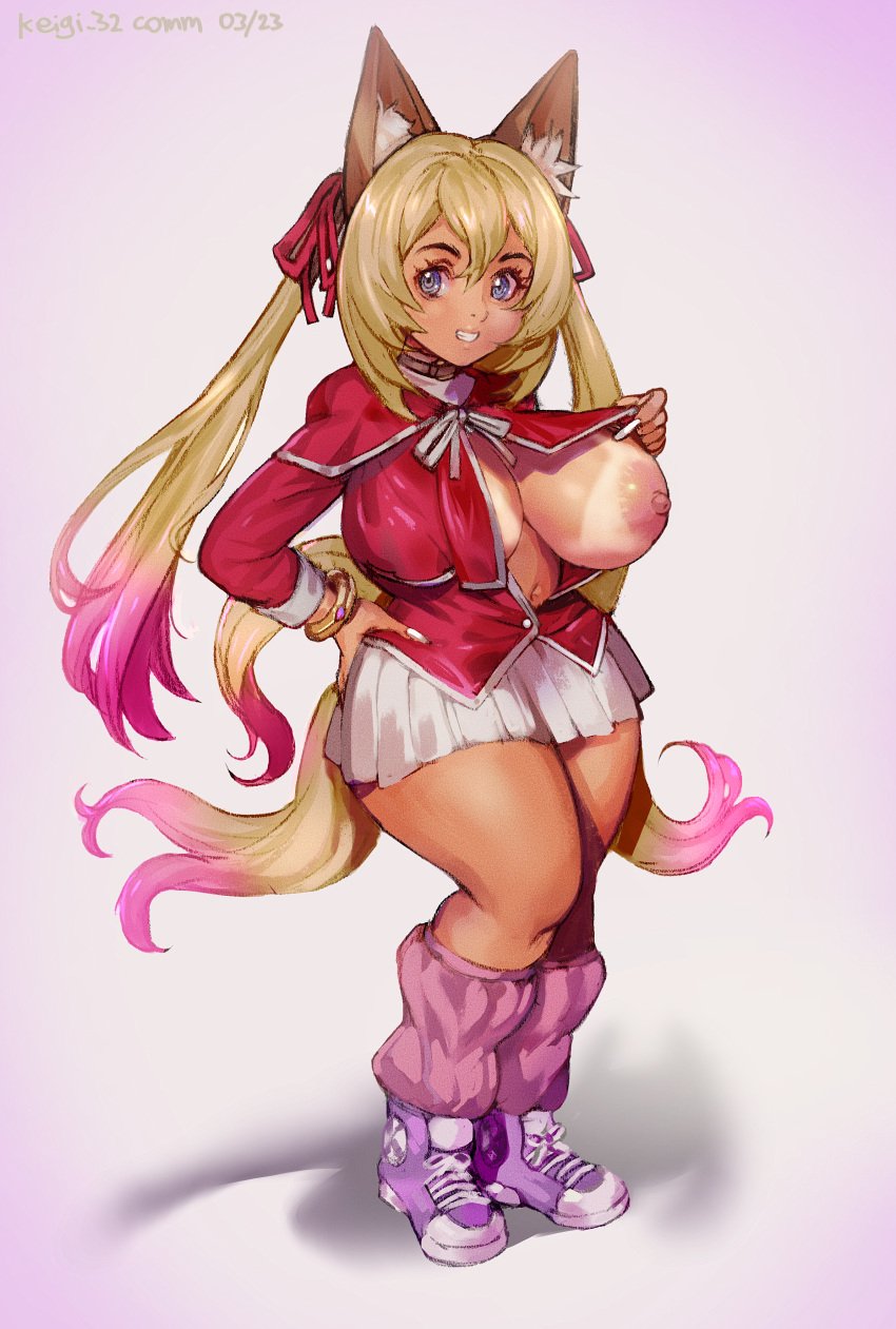 1girls areolae blonde_hair blonde_tail blue_eyes bracelet breasts caleen_keemosn choker cleavage commission eyebrows_visible_through_hair eyeliner fox_ear fox_girl fox_tail full_body ganguro grin gyaru hair_ribbon hand_on_hip huge_breasts keigi_(artist) kemonomimi kitsunemimi leg_warmers long_nails looking_at_viewer multiple_tails nipples no_bra one_breast_out open_shirt original_design pink_hair pink_tail runes school_uniform short_skirt shortstack signature skirt sneakers solo standing star_ocean star_ocean_anamnesis tan_body tanline thick_thighs twintails two_tone_hair very_long_hair wide_hips