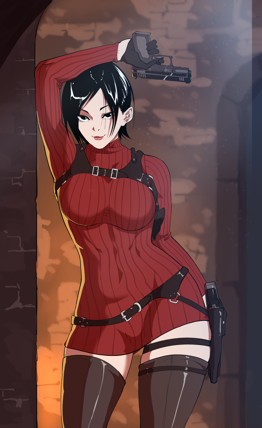 1girls ada_wong doorway female female_only fully_clothed gun gun_holster half_gloves leaning_against_wall resident_evil resident_evil_4 seductive_smile short_dress short_hair solo tagme