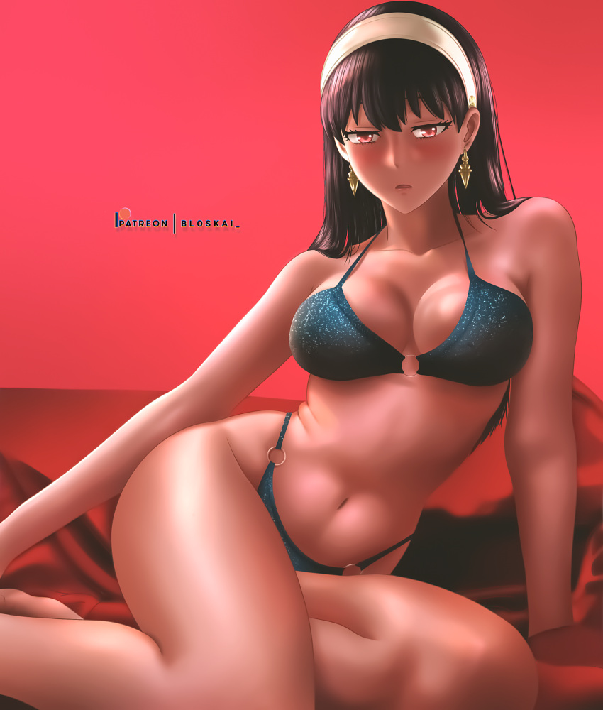 1girls bikini black_hair bloskai blush breasts female female_only hi_res highres huge_breasts human legs legs_together long_hair posing solo spy_x_family swimsuit thighs yor_briar yor_forger