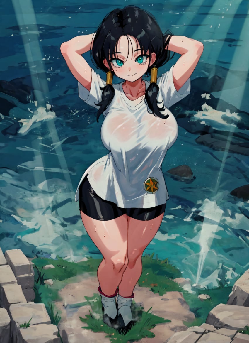 2020s 2023 ai_generated anime aqua_eyes arms_behind_head big_breasts black_bottomwear black_hair black_shorts blue_eyes compression_shorts dragon_ball dragon_ball_z front_view happy heroine huge_breasts large_breasts light-skinned_female light_skin long_hair mabi_ai manga seductive see-through see-through_clothing shiny_bottomwear shiny_hair shiny_skin shorts smile solo solo_female standing sweat sweaty_body t-shirt thick_thighs tomboy twintails videl wet wet_clothes white_shirt white_topwear