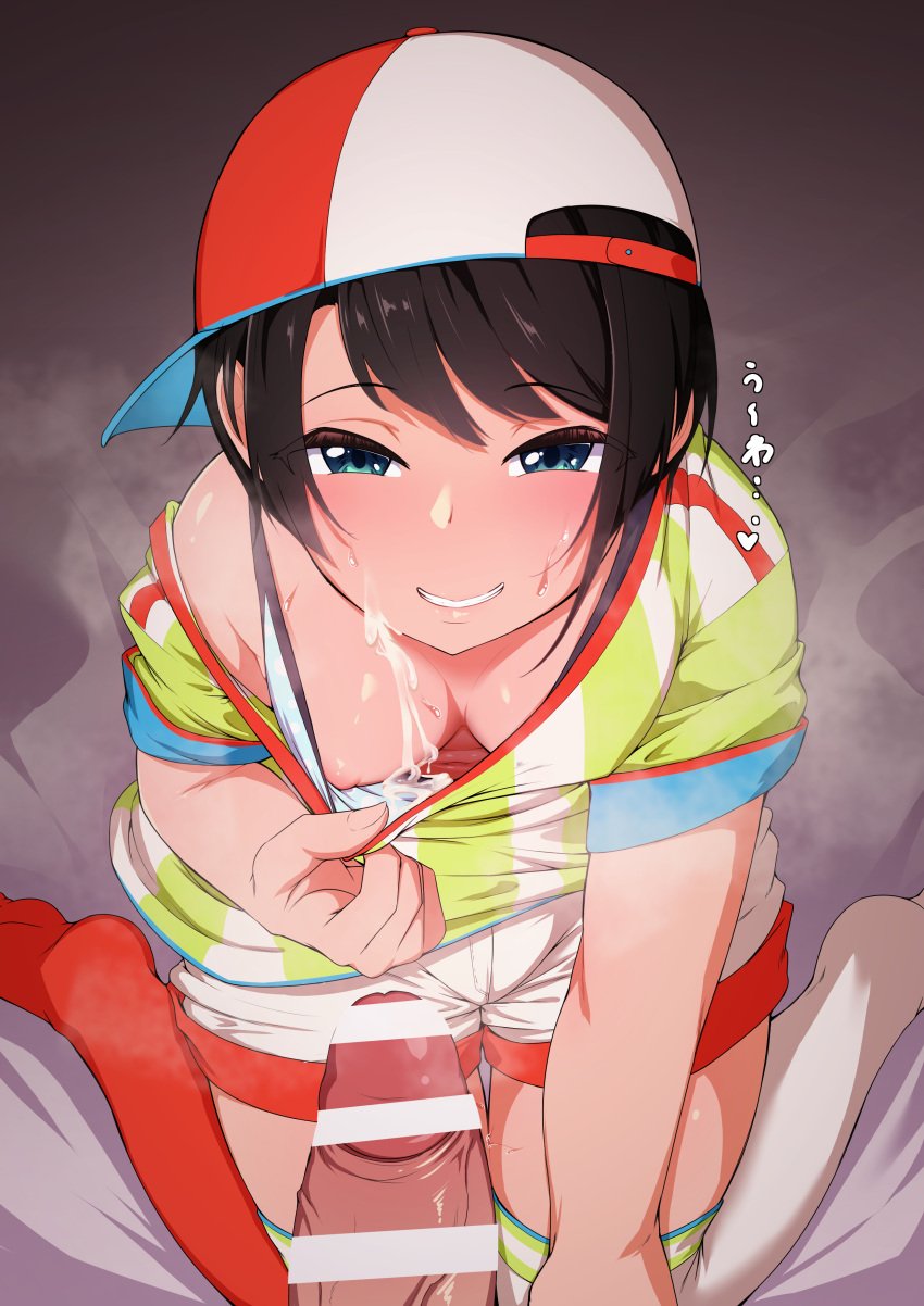 absurdres backwards_hat bar_censor baseball_cap black_hair breasts censored cum cum_on_body cum_on_breasts downblouse erection facial female flashing from_above green_eyes grin hand_up hat highres hololive hololive_gen_2 hololive_japan kneeling looking_at_viewer looking_up medium_breasts naughty_face oozora_subaru over-kneehighs parted_bangs penis shirt short_hair short_shorts short_sleeves shorts smile solo_focus sports_bra streetwear striped striped_shirt suikabakunn sweat swept_bangs t-shirt thighhighs veins veiny_penis vertical-striped_shirt vertical_stripes virtual_youtuber