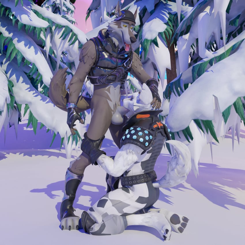 anthro balls canid canine canis clothed clothing duo epic_games fingerless_gloves fortnite fox genitals gloves hand_on_head handwear hi_res jumpsuit looking_at_another looking_at_partner male male/male mammal partially_clothed penis red_nehi unknown_artist volpez_(fortnite) wendell_(fortnite) winter_warrior_fennix wolfr