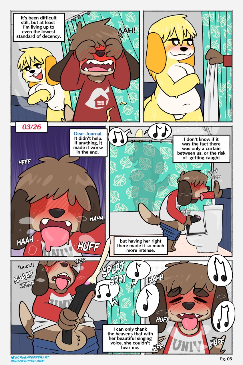 absurd_res animal_crossing anthro bathing blush bodily_fluids breasts brother bulge canid canine canis chubby_female clothing comic crushpepper cum cum_in_panties digby_(animal_crossing) domestic_dog duo embarrassed female genital_fluids genitals hi_res incest isabelle_(animal_crossing) journal male mammal masturbating_with_clothes masturbation musk nintendo page_5 panties peeing penis pussy shower showering sibling singing sink sister slightly_chubby sweat text toilet towel underwear urinating urinating_male urination urine