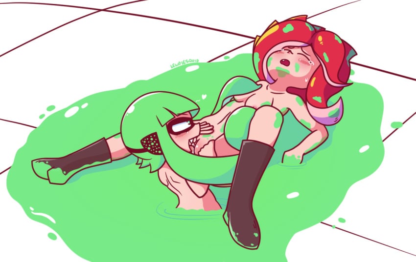 2girls agent_3_(splatoon) blush boots breasts cunnilingus embarrassed embarrassed_nude_female enf exposed_breasts exposed_pussy ink inkling inkling_girl lewdiesquid licking_pussy multiple_girls nervous nintendo nude nude_female octoling octoling_girl octoling_rival pussy pussy_juice red_eyes red_hair splatoon stuck sweat tears tentacle tentacle_hair tentacles_around_legs trapped wet wet_pussy yuri