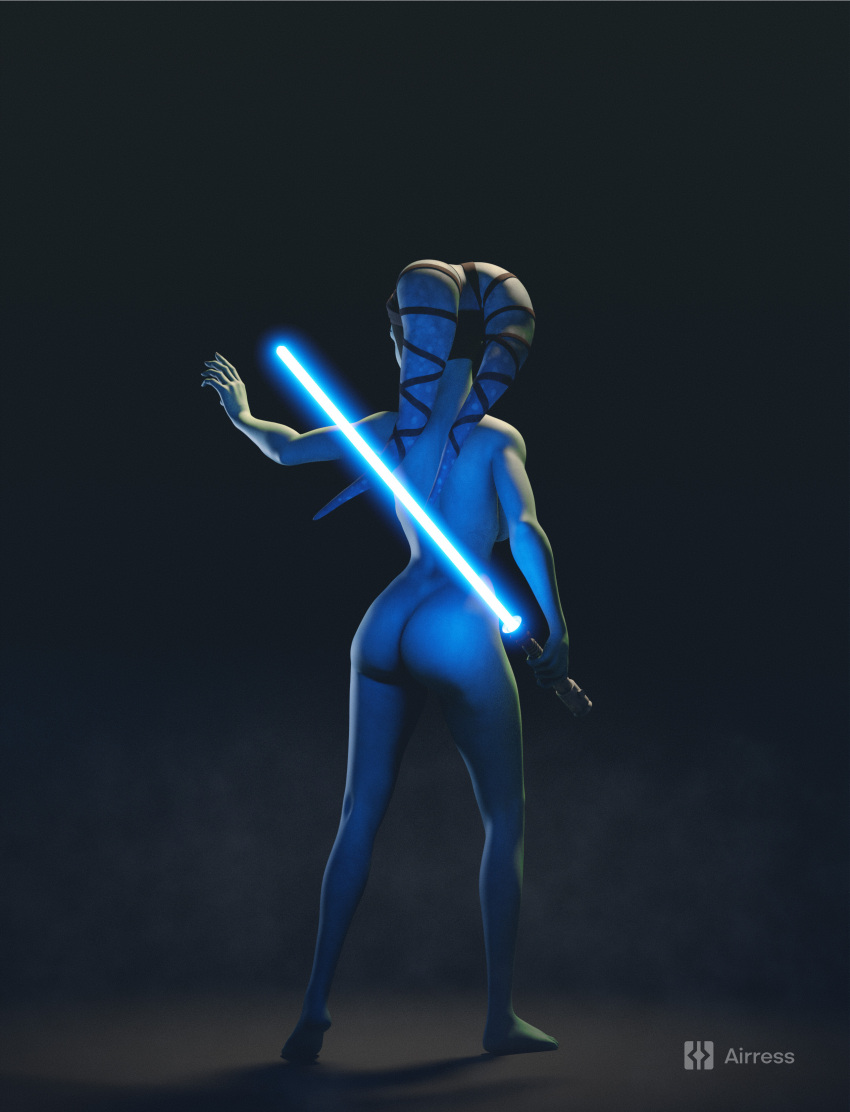 2023 3d_(artwork) aayla_secura absurd_res airress3d airress3d_(3d-modeller) alien alien_humanoid ass back_boob blue_body blue_skin breasts digital_media_(artwork) feet female headgear hi_res humanoid lekku_(anatomy) lightsaber melee_weapon not_furry nude pose rear_view solo spots star_wars text twi'lek weapon