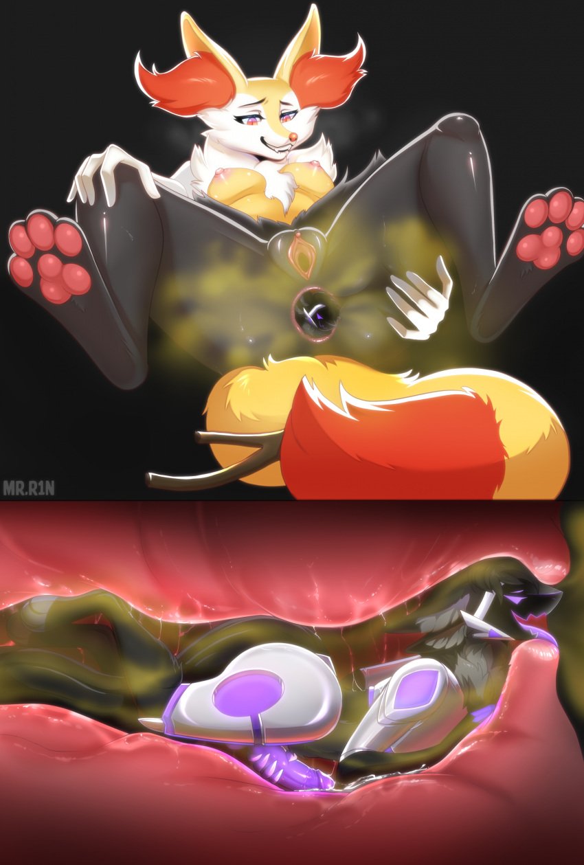 almost_fully_inside anal anal_sex anal_vore anthro anus areola ass balls bio_(blookyes) bodily_fluids braixen breasts clitoris cum cum_in_ass cum_inside duo fart farting_on_another farting_while_penetrated feet feet_first female female_pred fluffy fluffy_tail fur generation_6_pokemon genital_fluids genitals hi_res internal looking_pleasured lying machine male male/female masturbation medium_breasts mr.r1n nintendo nipples on_back pawpads paws penetration penis pink_areola pink_nipples pokemon pokemon_(species) protogen pussy size_difference soles spread_legs spreading sweat tail tight_fit toes tongue tongue_out vore willing_prey