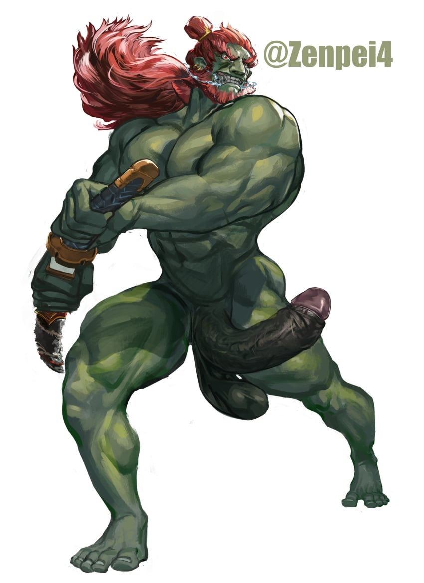 1boy 2023 abs action_pose balls bara barazoku beard biceps big_balls big_muscles big_penis boner completely_nude drooling erection facial_hair ganondorf ganondorf_(tears_of_the_kingdom) gay gerudo girthy green_body green_skin half-erect hi_res highres holding_sword huge_cock looking_at_viewer male male_focus male_nipples male_only male_pubic_hair manly muscles muscular muscular_arms muscular_legs muscular_male muscular_thighs nintendo nipples nude penis red_eyes red_hair solo solo_male swinging_balls swinging_penis sword tears_of_the_kingdom teeth_clenched the_legend_of_zelda thick_penis vein veiny_penis violent zenpei zenpei4