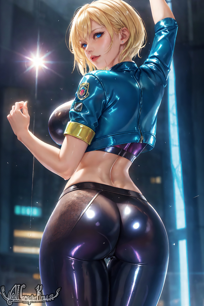 1girls ai_generated blonde_hair blue_eyes cammy_white curvy curvy_body curvy_female curvy_figure female_focus female_only huge_breasts looking_at_viewer looking_back seductive_looks stable_diffusion street_fighter voluptuous_female